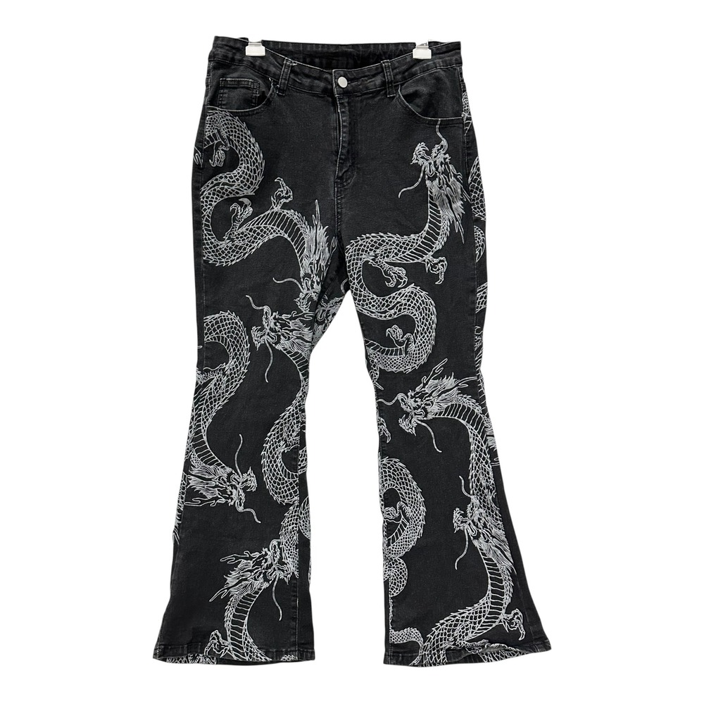 ROMWE Dragon Print Flare Jeans Women 2XL 35x28 Black Y2K Gothic Grunge Steetwear